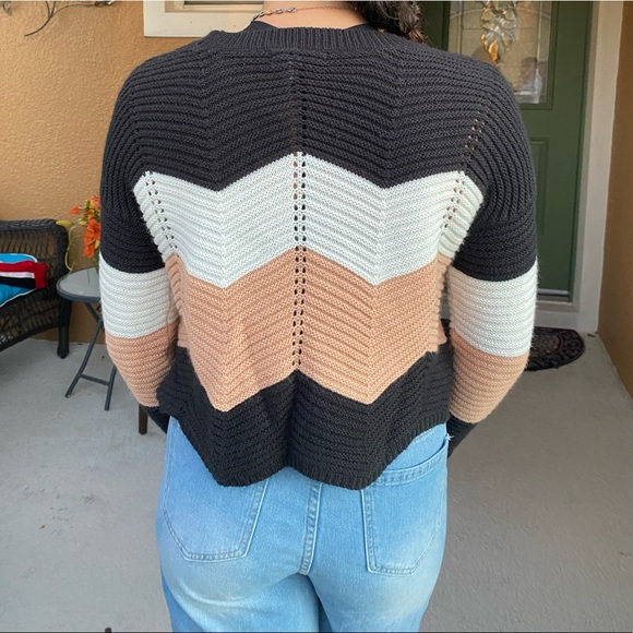 Womens Medium Long Sleeve Ribbed Sweater Round Neck White Black Pink Zig Zag - Picture 2 of 5